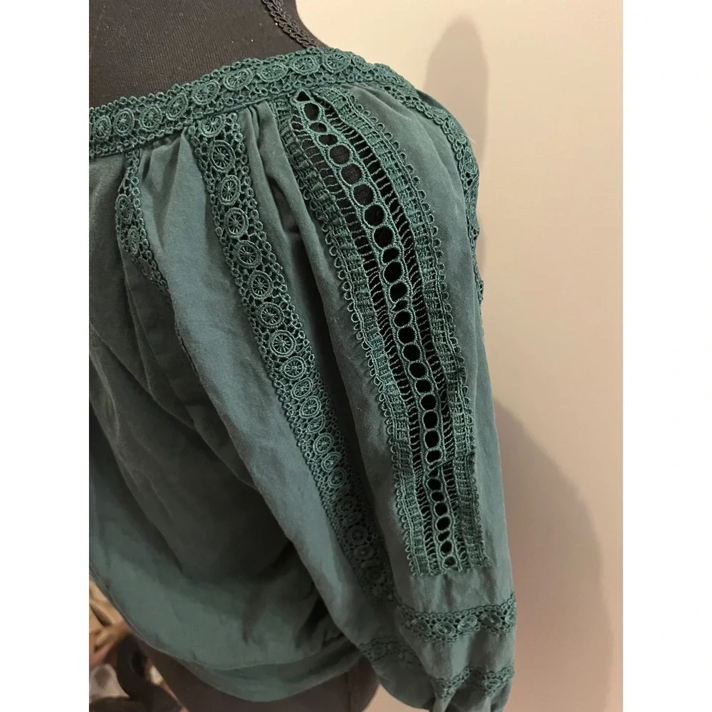 Anthropologie Chela Green Crochet Lace Trim Puff Sleeve Blouse Square Neck Top S